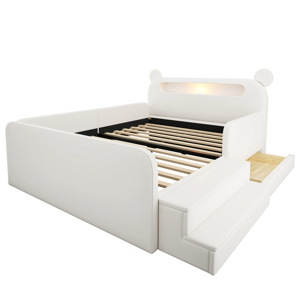 Letto imbottito per bambini 140x200 cm con testiera a orsetto, luce notturna e USB bianco