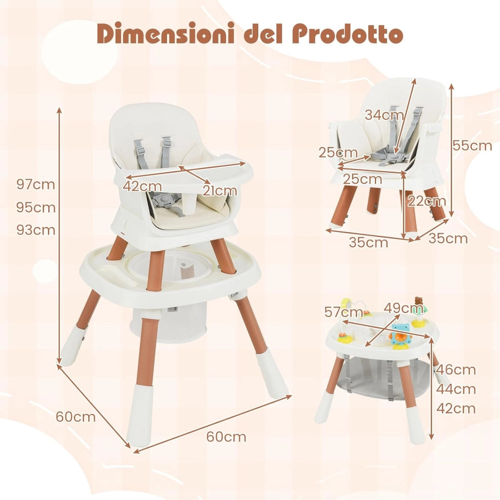 Seggiolone Pappa Bambini, con Cintura e Vassoio Rimovibile (Bianco) | Sedia Evolutiva per Neonati 6-36 Mesi con Cintura e Vassoio Rimovibile, 3 Giochi e Cestino