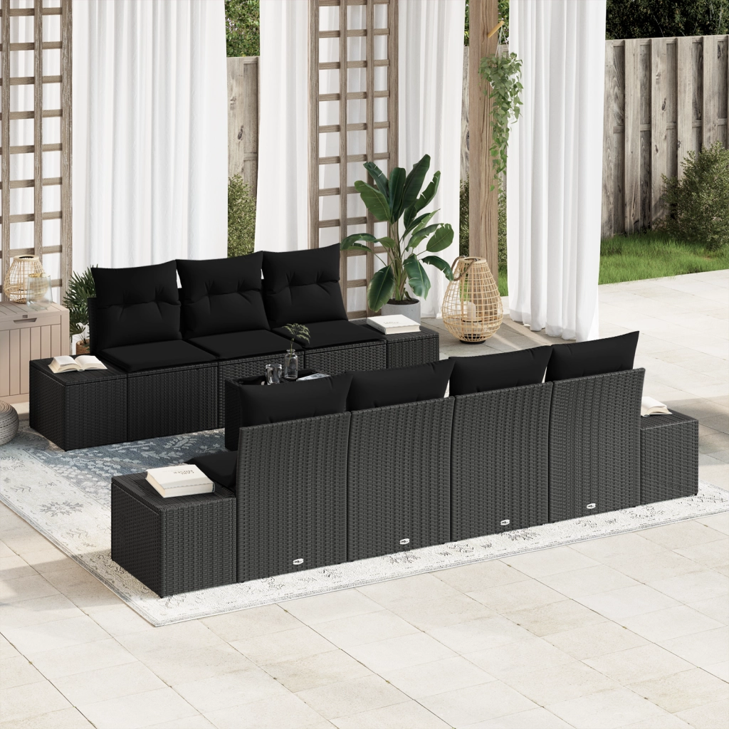 Set di divani da giardino a 8 pezzi con cuscini neri in polyrattan
