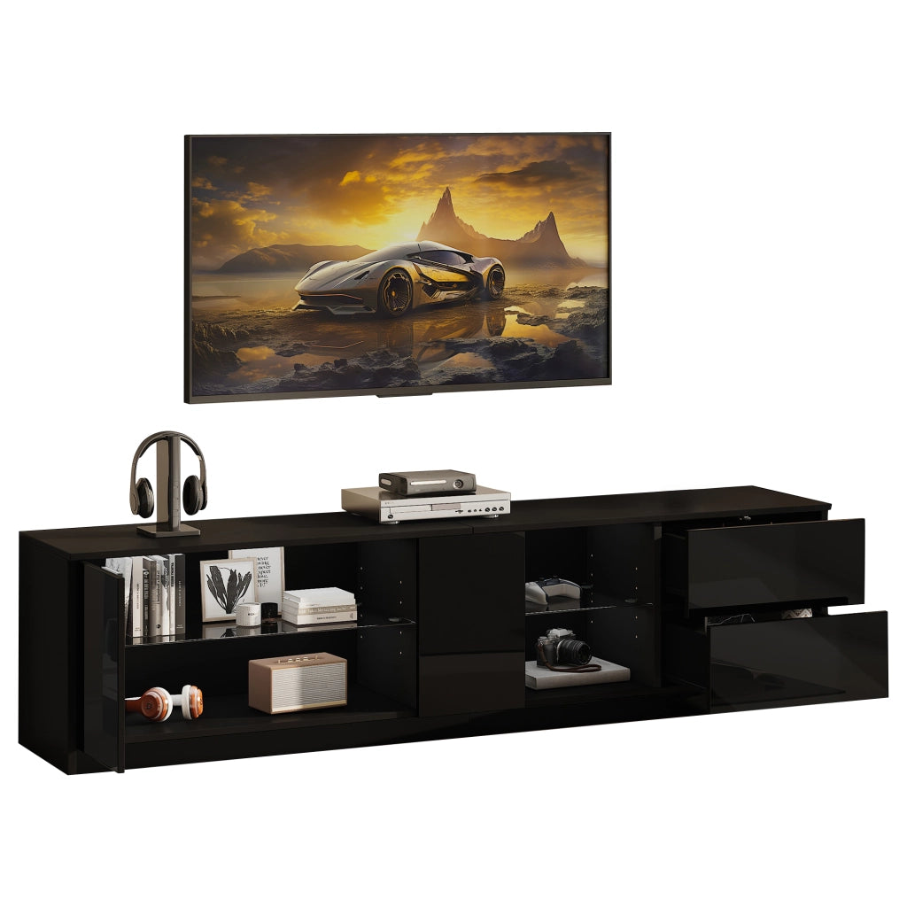 Mobile porta TV con LED, 2 cassetti e 1 anta, in MDF con ripiano in vetro temperato, per soggiorno, 160 × 40 × 52 cm