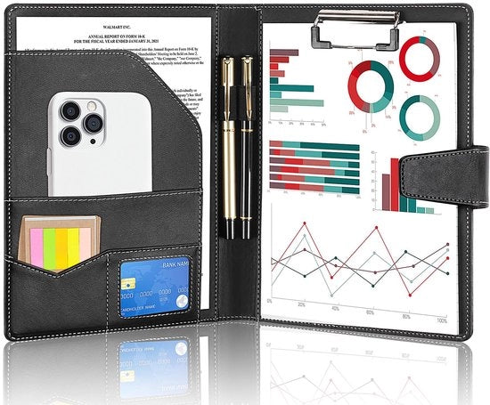 Taccuino A5 in pelle, cartellino A5 in pelle, cartellino con tasche per documenti, contenitore per penne e chiusura magnetica (nero)