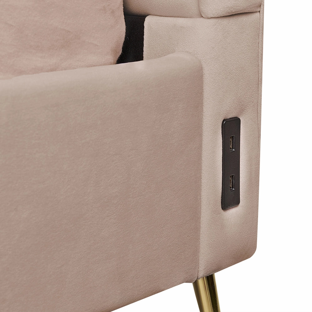 Letto in velluto beige tortora rivestito con gambe in metallo dorato UE Dimensioni doppie 180 x 200 cm con testata con porta USB Camera da letto moderna e glam.