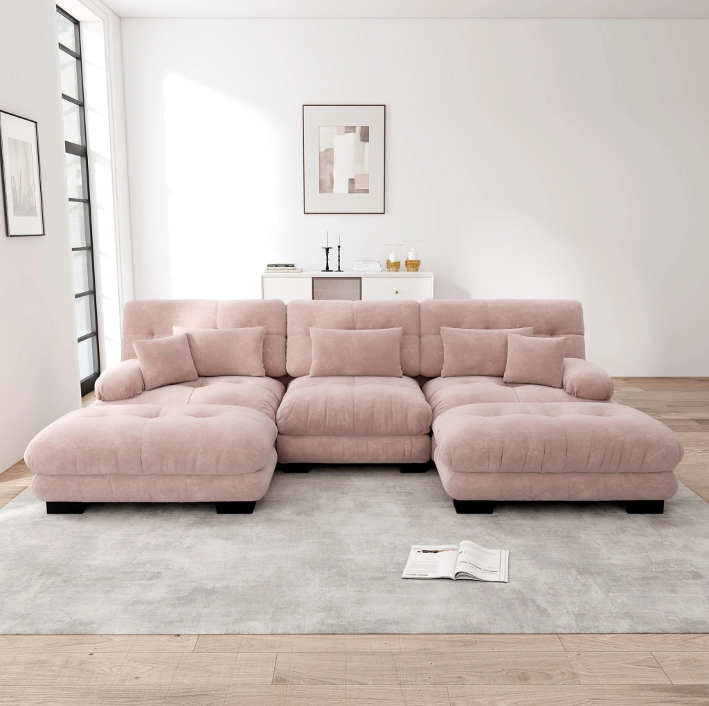 Divano modulare angolare U in ciniglia rosa con ottomani