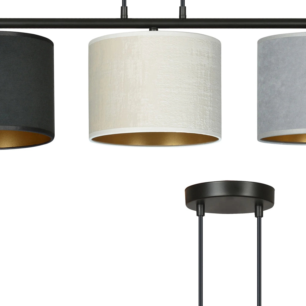 Lampadario 3 Luci Ganesha In Acciaio Nero E Paralumi In Tessuto Multicolore