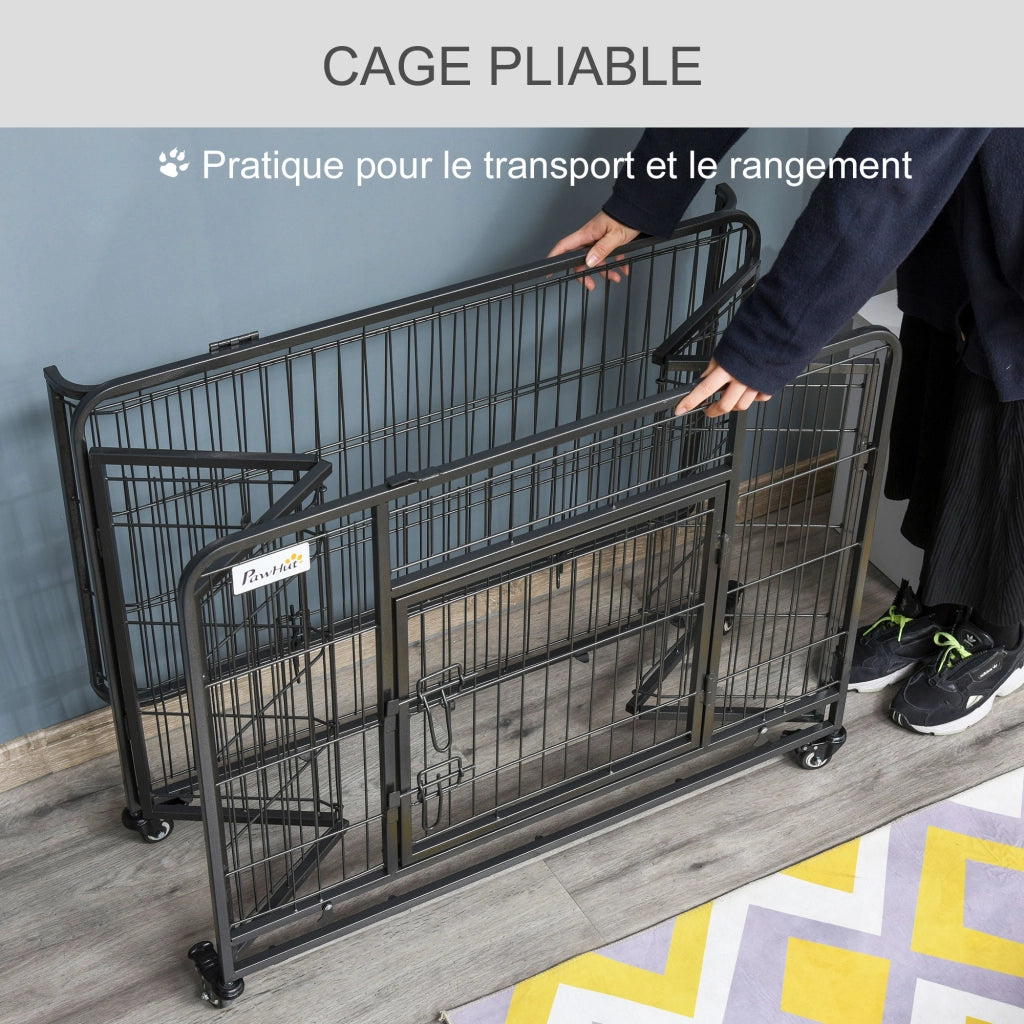 Gabbia pieghevole per cani con ruote ¨C Xylo ¨C 2 porte, vassoio rimovibile, 94x58x69,5 cm
