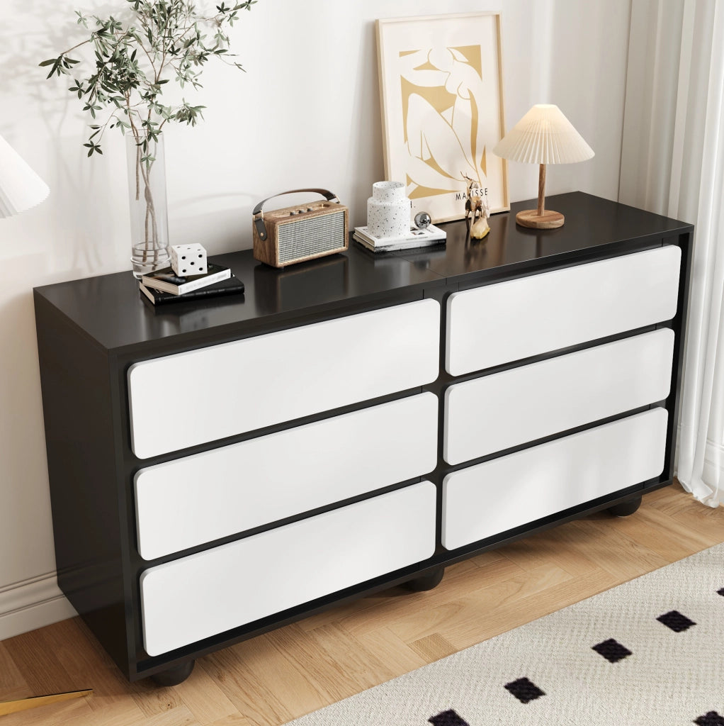 Madia moderna 140x38x74;5 cm in truciolare bianco e nero con sei cassetti