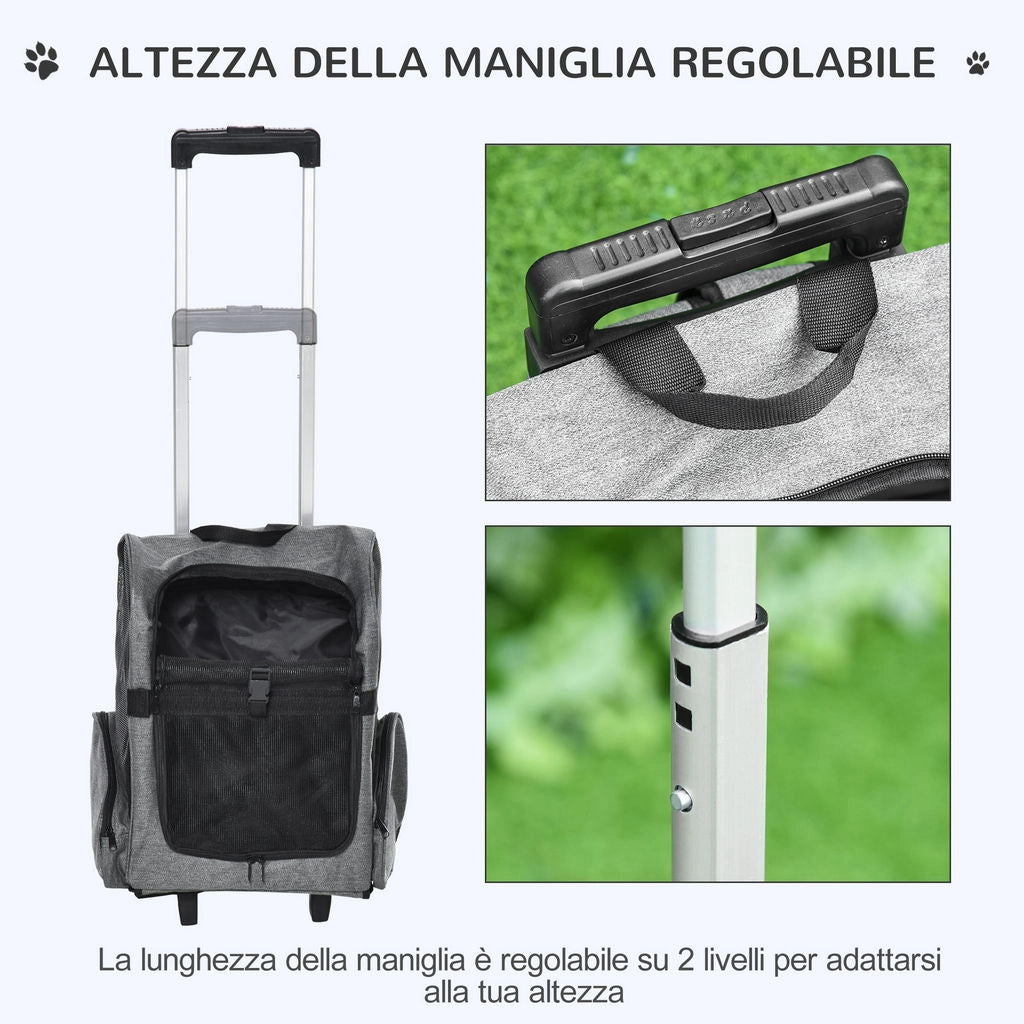 TRASPORTINO ZAINO 2 IN 1 PER CANI E GATTI CON TASCHE LATERALI, MANIGLIA TELESCOPICA E RUOTE, 42X25X55CM, GRIGIO