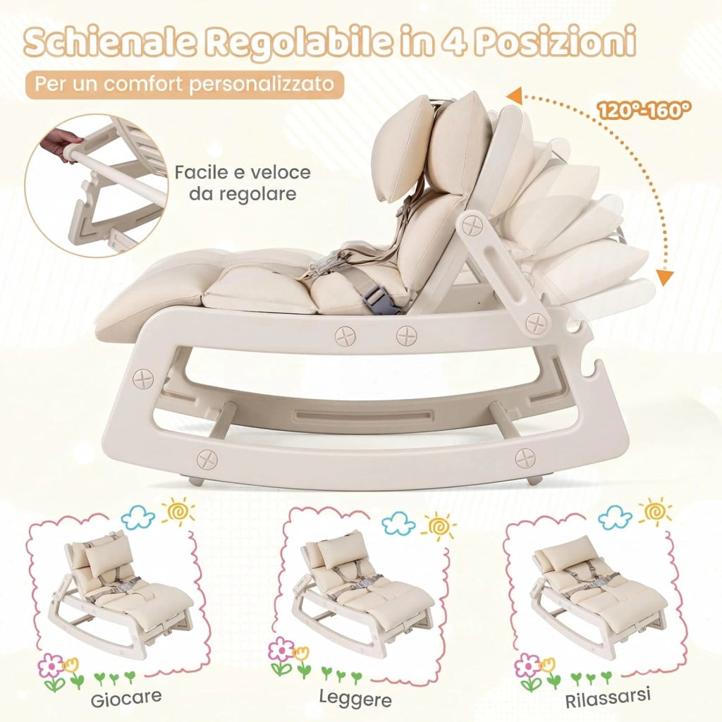 Sedia a Dondolo Bambini, Schienale Regolabile, con Cucino (Beige) | Sdraietta a Dondolo, Poggiatesta Rimovibile e Cintura 5 Punti, Portata 80 kg, per Bambini 6+ Mesi