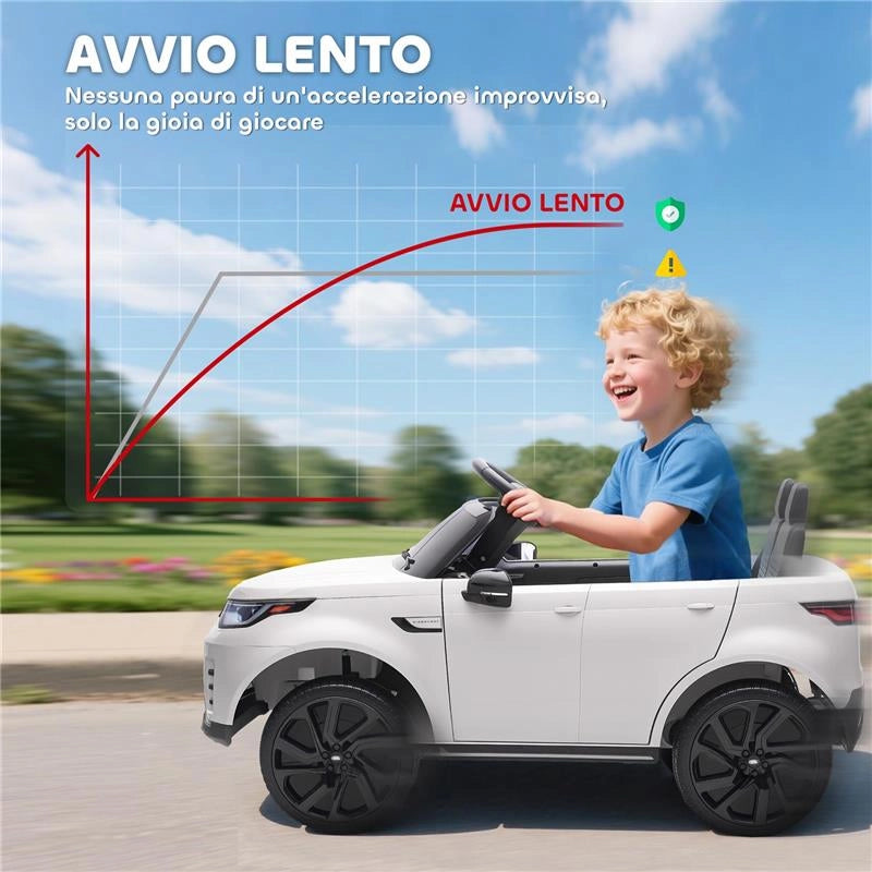 MACCHINA ELETTRICA PER BAMBINI LICENZA LAND ROVER CON FARI LED, CLACSON E TELECOMANDO, 105X68.5X58 CM, BIANCO