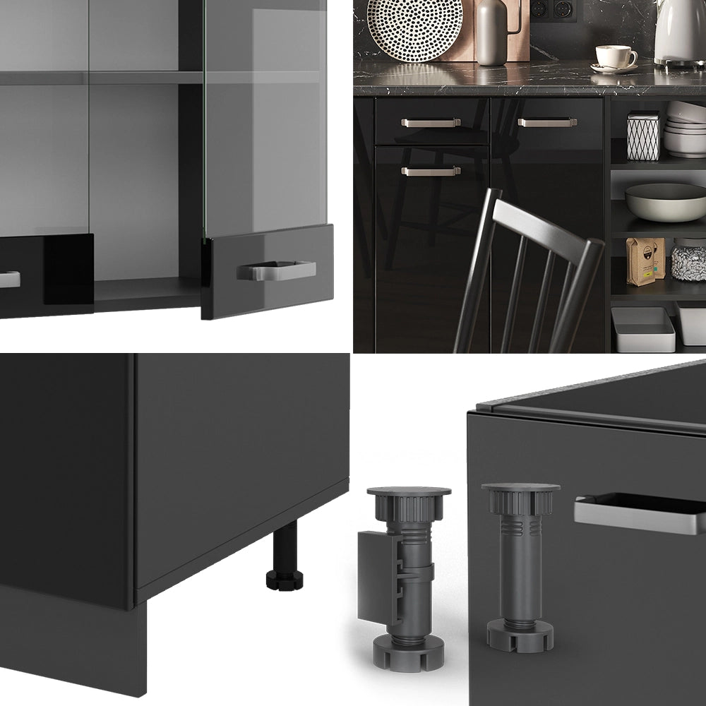 Cucina componibile R-Line Nero lucido/Antracite 240 cm senza piano di lavoro Vicco