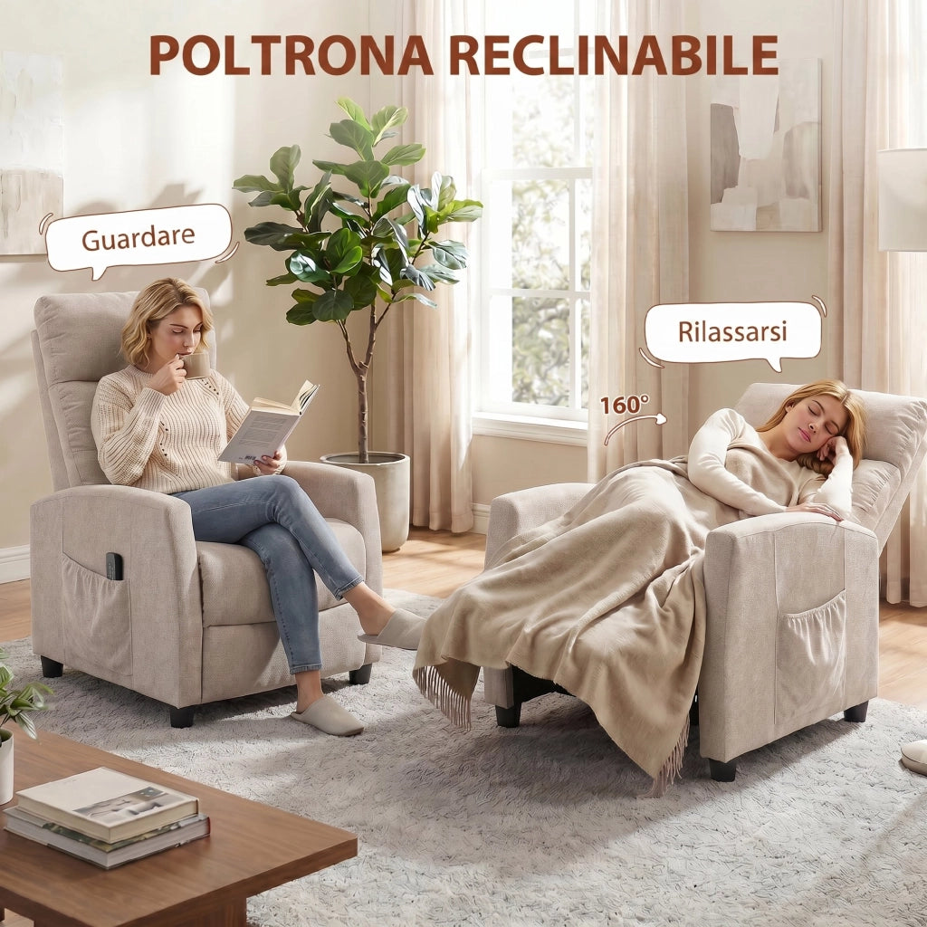 Poltrona Massaggiante e Reclinabile a 160° con Poggiapiedi e Telecomando, 66x91x108 cm, in Ciniglia Bianco Crema