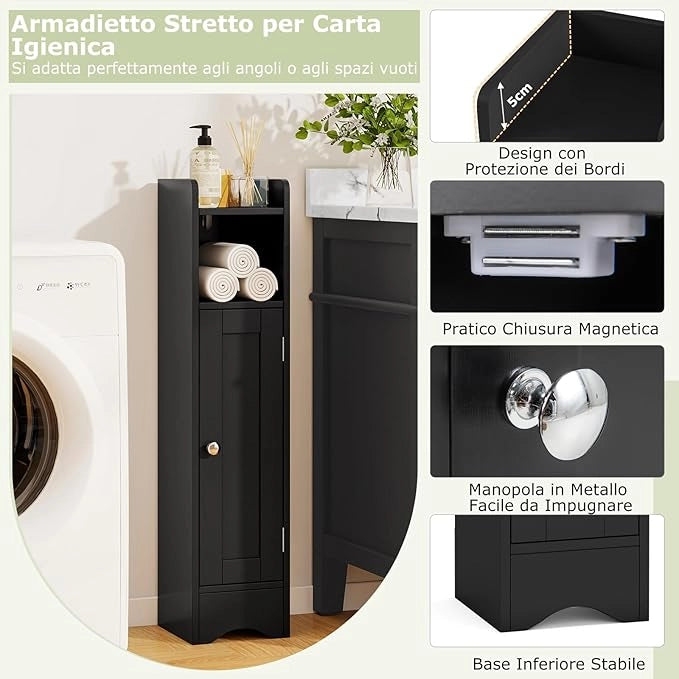 Mobiletto per Bagno Piccolo, Armadietto Salvaspazio da Terra Angolare con Porta e Ripiani Regolabili, Porta Carta Igienica Stretto, Mobiletto per Soggiorno, Cucina e Ingresso (Nero)