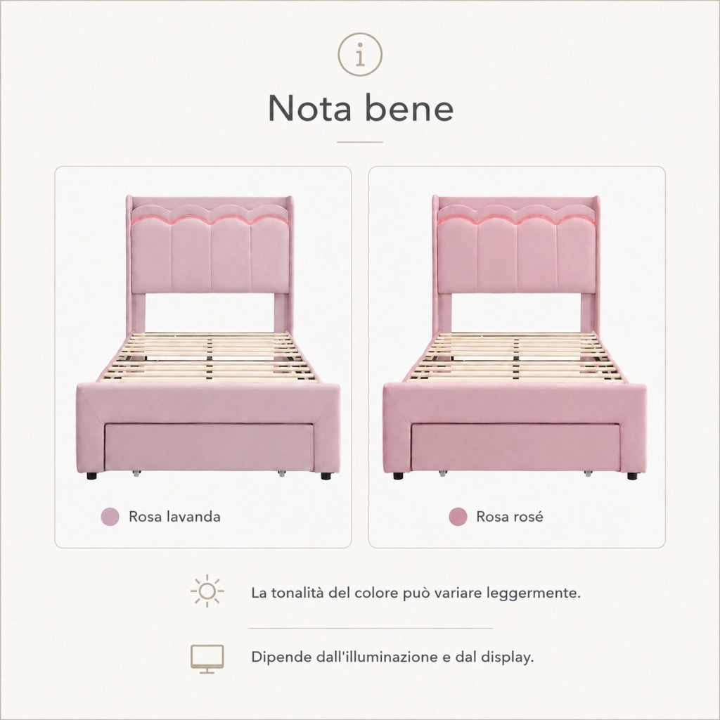 Letto imbottito per bambini 90x200 cm con cassetto e LED; velluto rosa