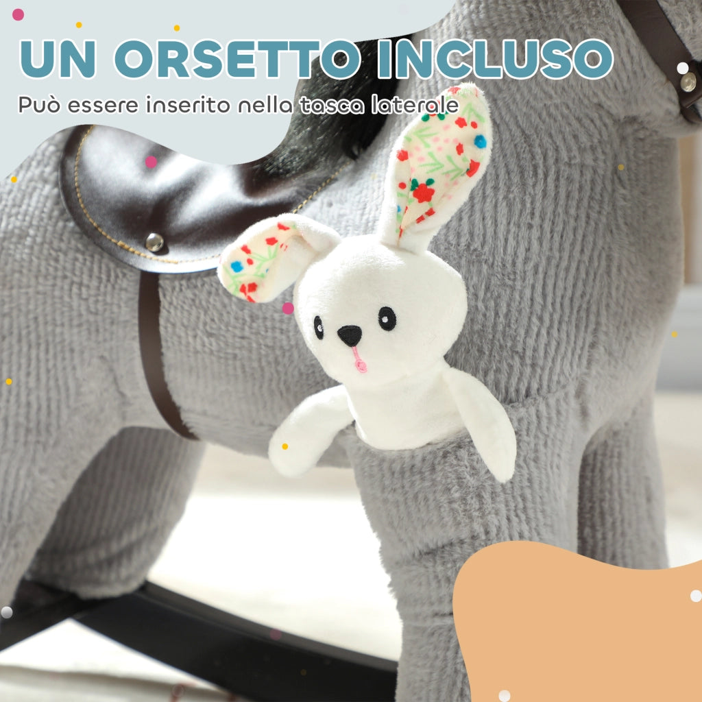 Cavallo a Dondolo con Suoni per Bambini da 2-5 Anni e Animale di Peluche Incluso, Legno e Acciaio, Grigio