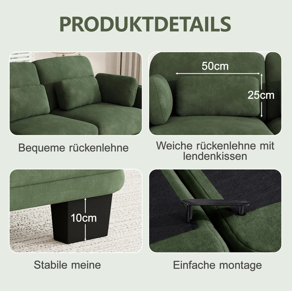 Divano modulare in ciniglia verde con pouf separato e cuscini lombari e bracciolo