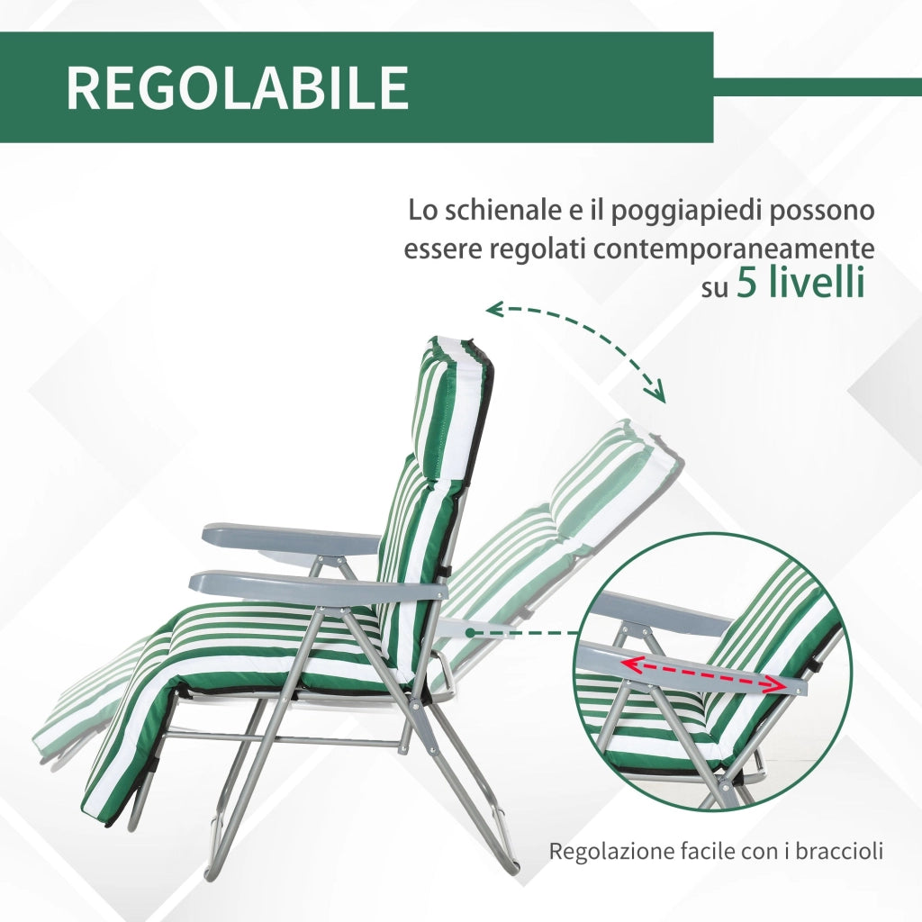 Set 2 Sedie a Sdraio da Giardino Sdraio Prendisole con Braccioli Reclinabili bianco e verde