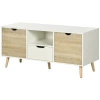 Mobile TV Moderno max 50" in Truciolato con Cassetti, Ripiani Aperti e Armadietti, 110x40x50 cm, Bianco e Colore Legno