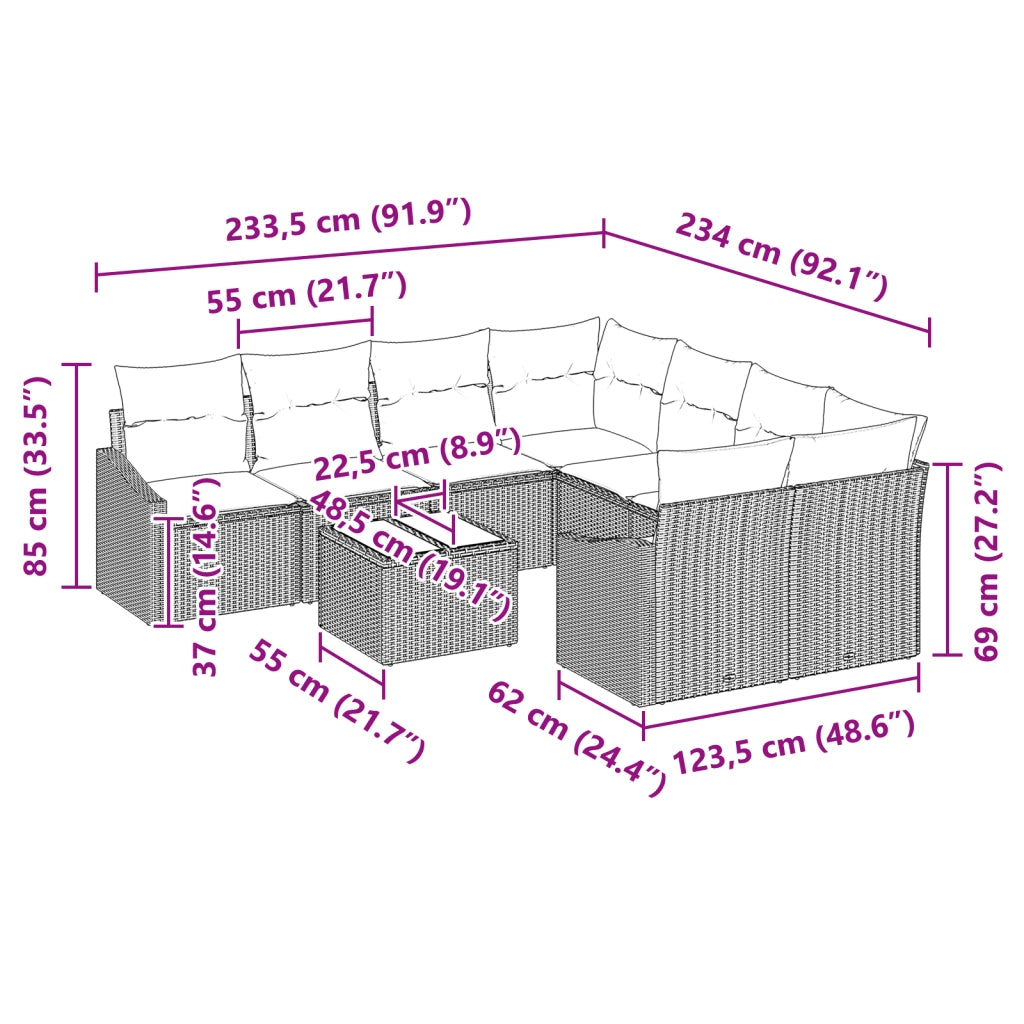 Set Divani Giardino con Cuscini Grigi 9 Pezzi in Polyrattan