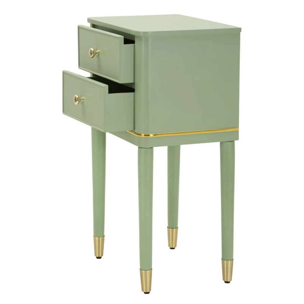 Comodino Camille in legno verde salvia con dettagli oro