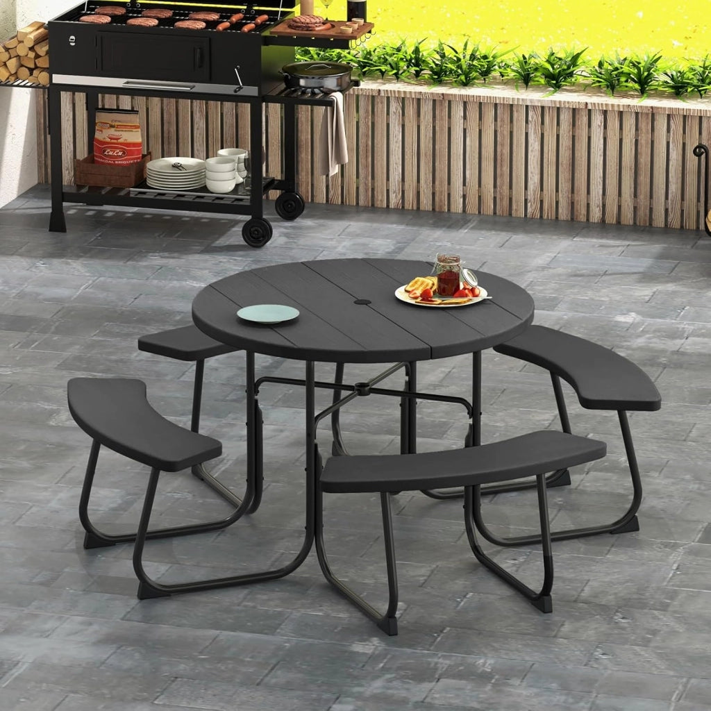 Set di Tavolo da Picnic Rotondo per 8 Persone, Set di Sedie e Tavolo con Foro per Ombrellone, Mobili da Giardino con 4 Panche, in HDPE e Metallo, φ190 x 76 cm (Nero)