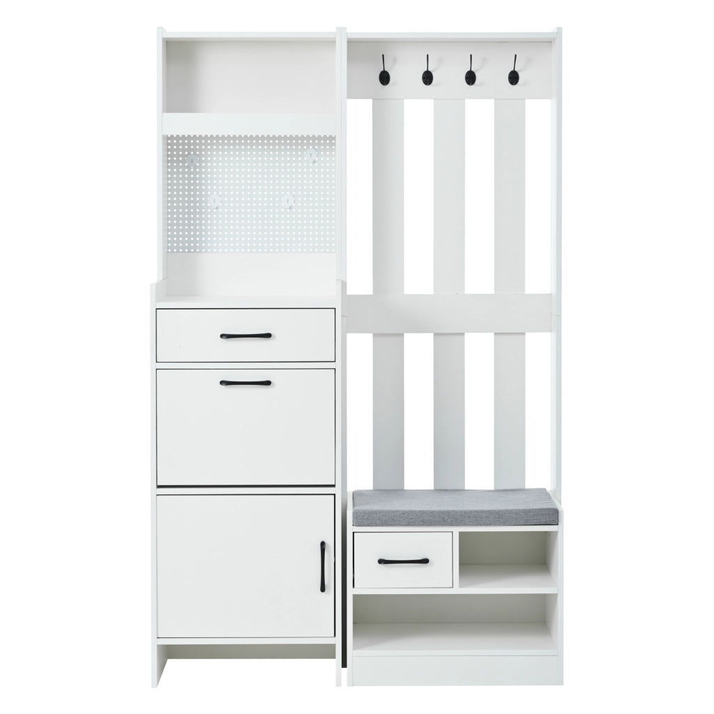 Mobile ingresso con 2 cassetti; 2 vani chiusi e 7 ganci - 110x35x175.5 cm - bianco