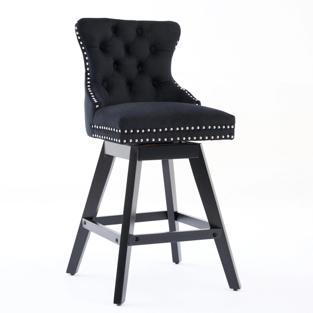 Sgabelli da Bar Girevoli in Velluto ¨C MINIMAL ¨C Nero, Gambe in Legno, Set 2 Pezzi