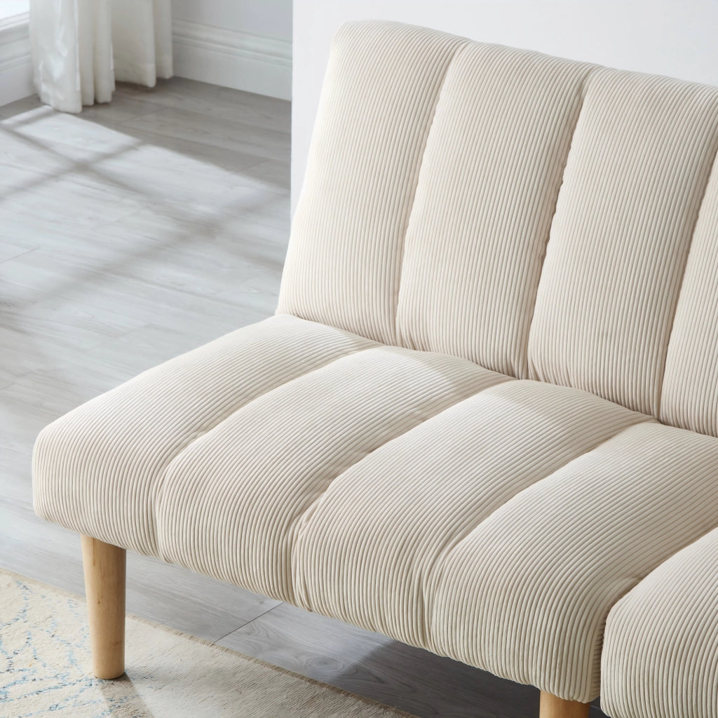 Divano letto 2 posti con schienale reclinabile a 3 posizioni e gambe in legno, in velluto a coste, Beige