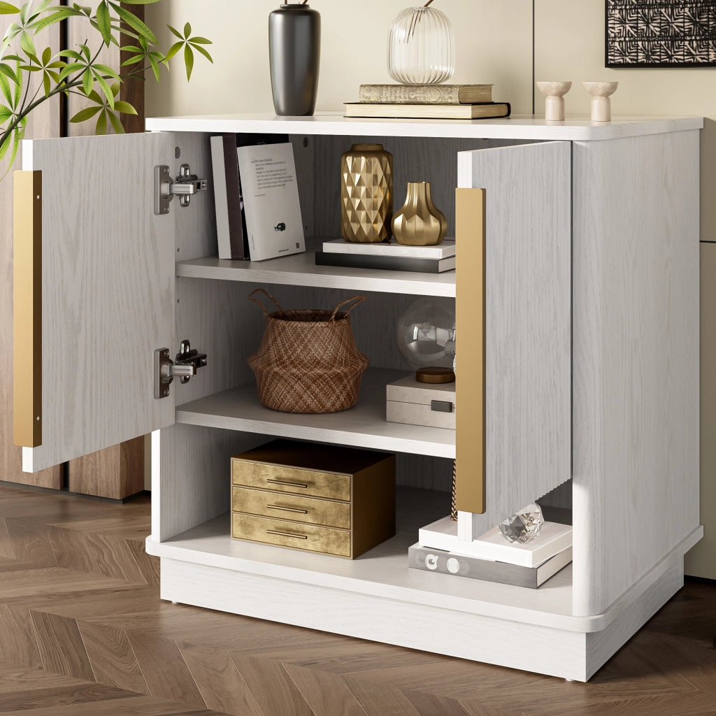 Mobile Scarpiera con 2 Ante e Vano a Giorno; Maniglie Dorate; Moderno; in MDF; Bianco Effetto Legno; 60×40×61 cm