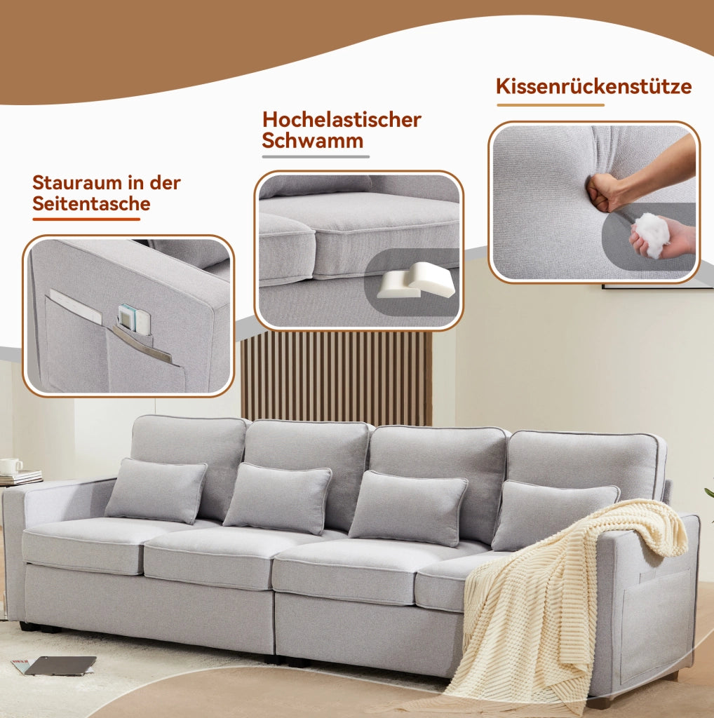 Divano a 4 posti grigio effetto lino; con tasche sui braccioli e 4 cuscini; 264 cm