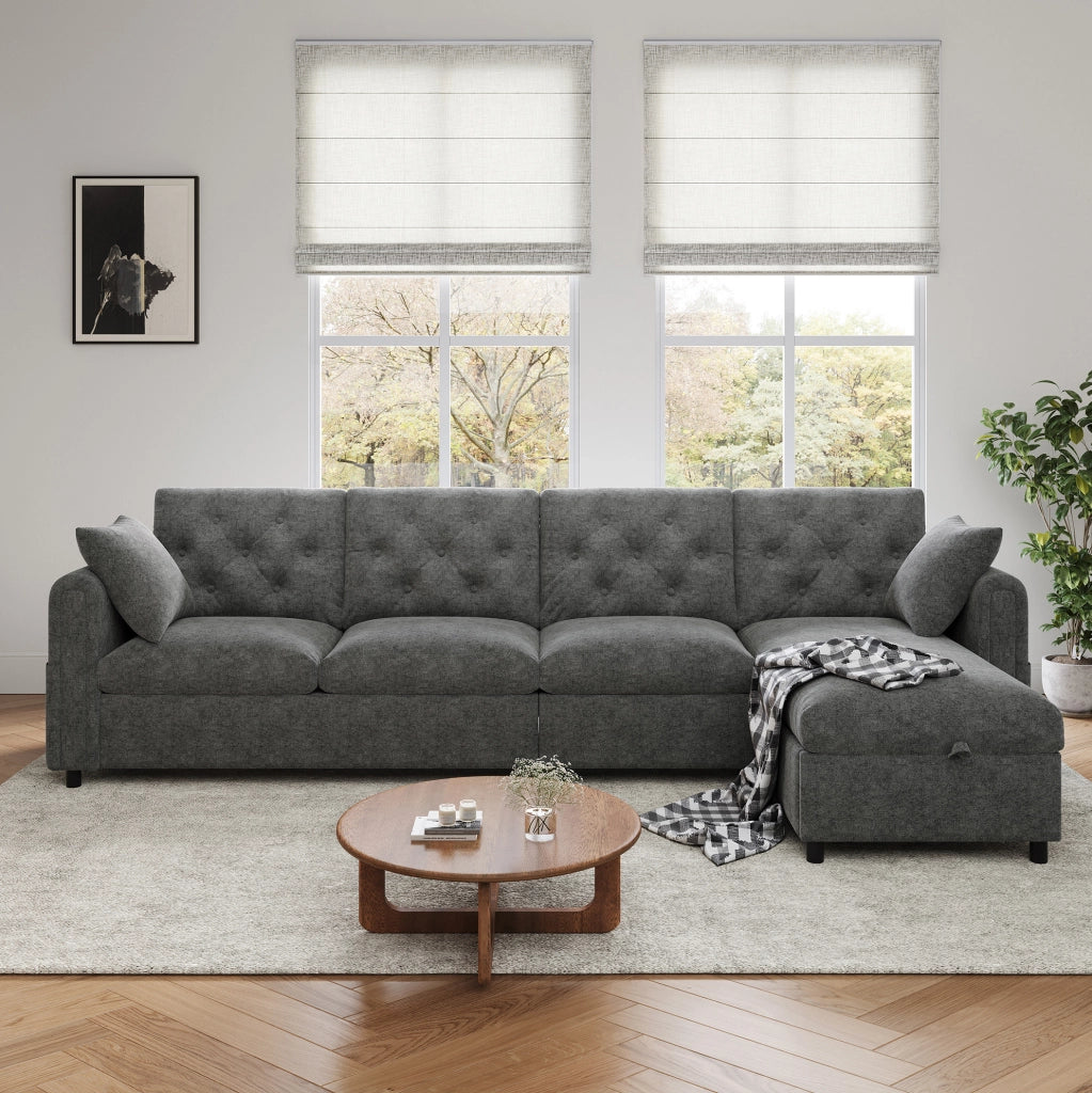 Divano angolare a L grigio con letto e contenitore 281x132 cm