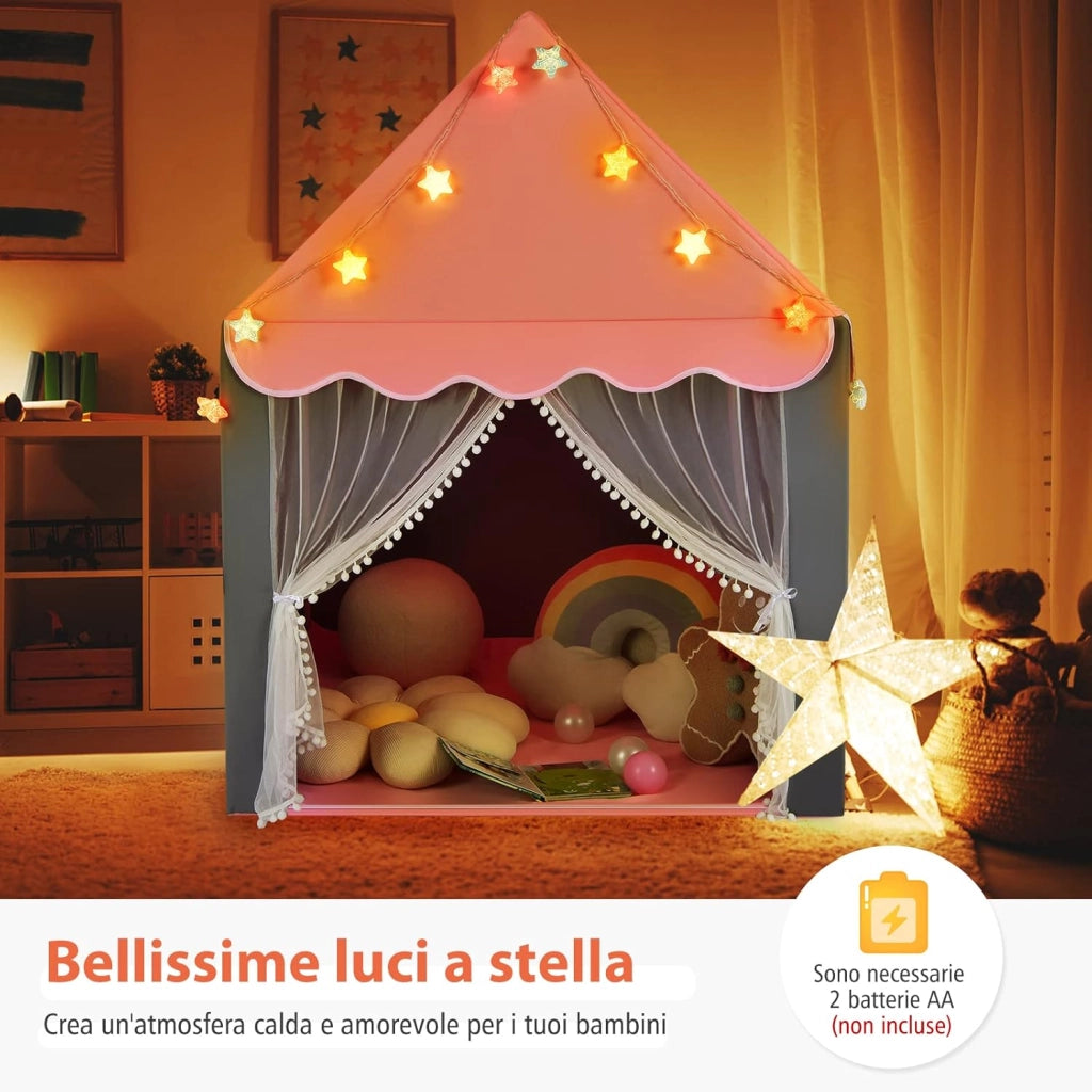 Tenda da Gioco per Bambini, Tenda Castello con Tappetino Lavabile, Luci a Forma di Stella, per Interno ed Esterno, 105 x 121 x 136 cm (Rosa)