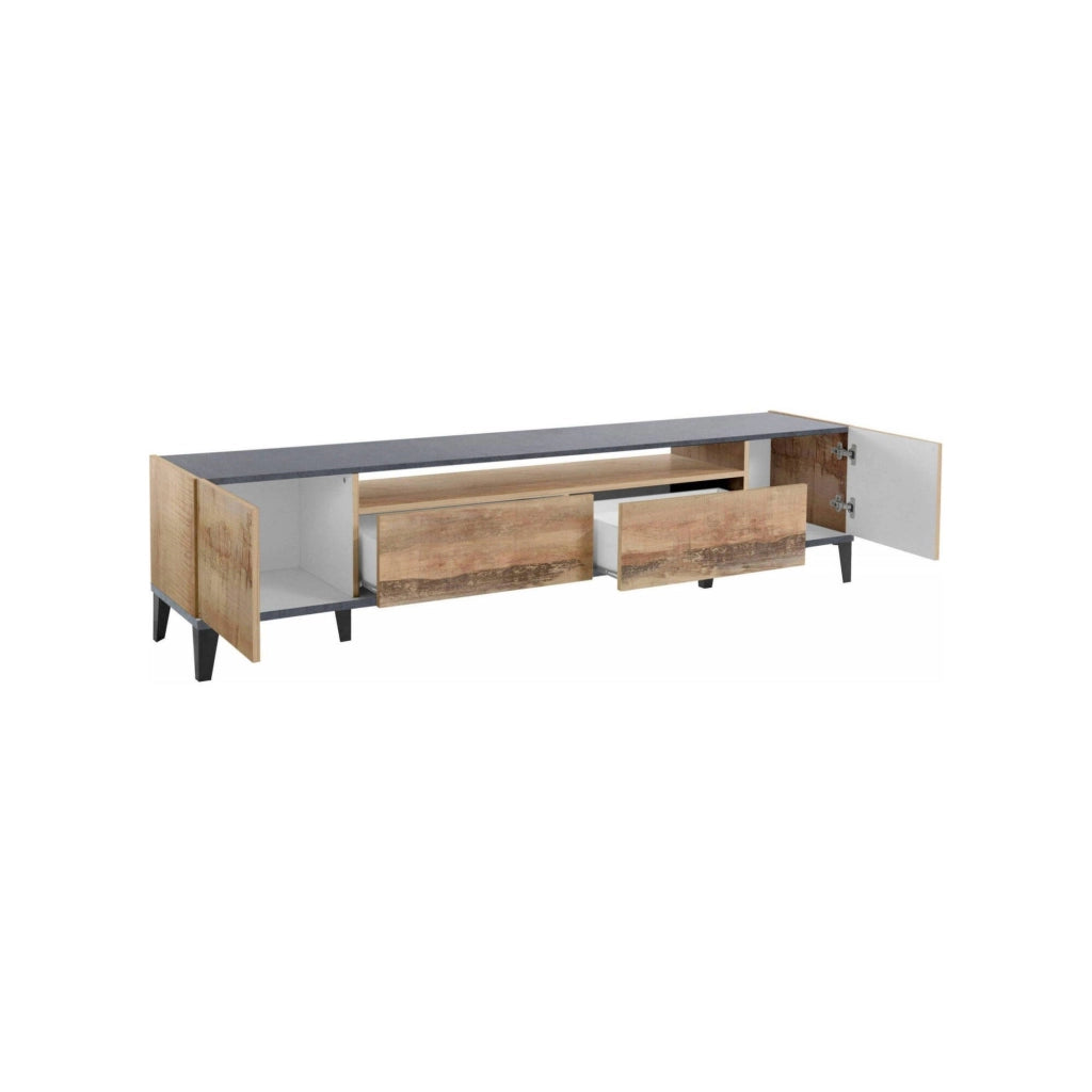 Mobile da soggiorno Porta Abina, Made in Italy, Supporto per Abina da salotto a 2 ante e 2 cassetti, Cm 200x40h47, Ardesia e Acero