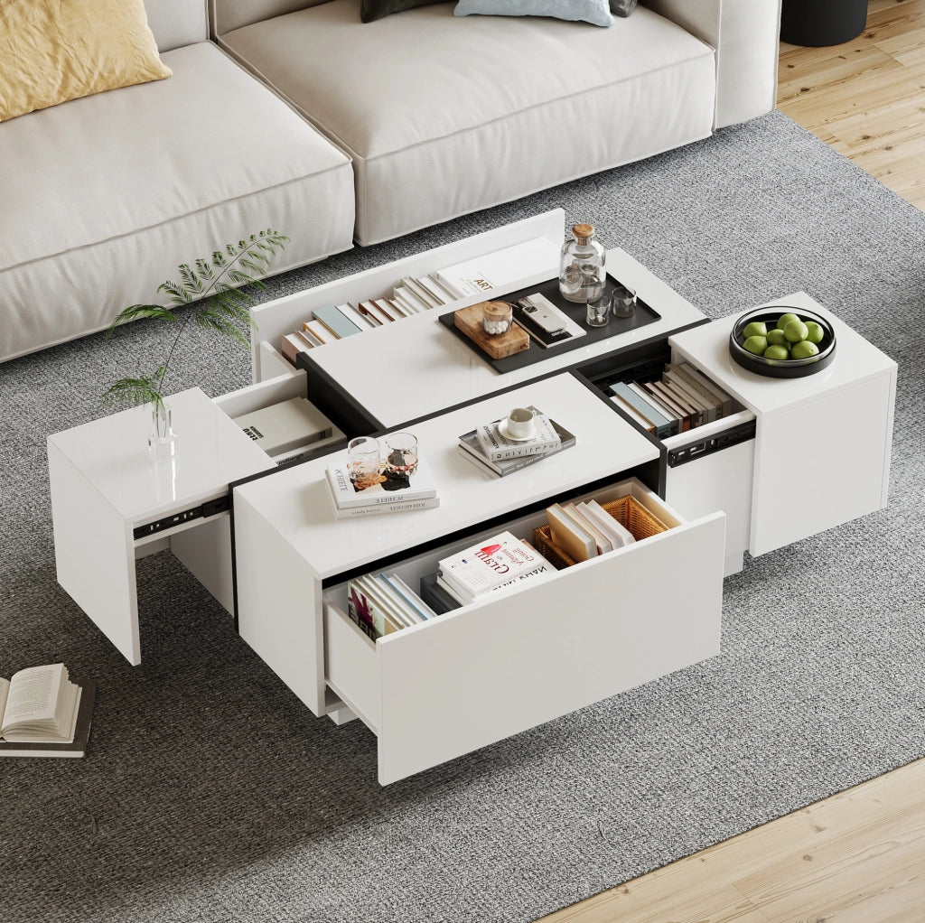 Tavolino da caffè bianco e nero 100x60x40 cm con 4 cassetti