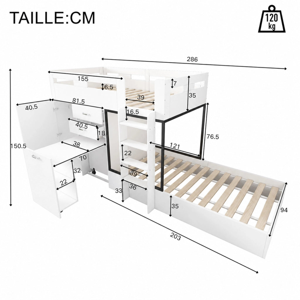 LETTO A CASTELLO multifunzione 90x200 cm MDF bianco/nero con scrivania estraibile