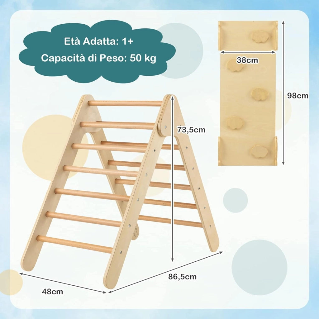 3 in 1 Arrampicata Giocattolo a Triangolo per Bambini, Set di Arrampicata con Rampa di Scivolo a 2 Lati e Inclinazione Regolabile, Arrampicatore per Bambini 1 Anno+ (Naturale)
