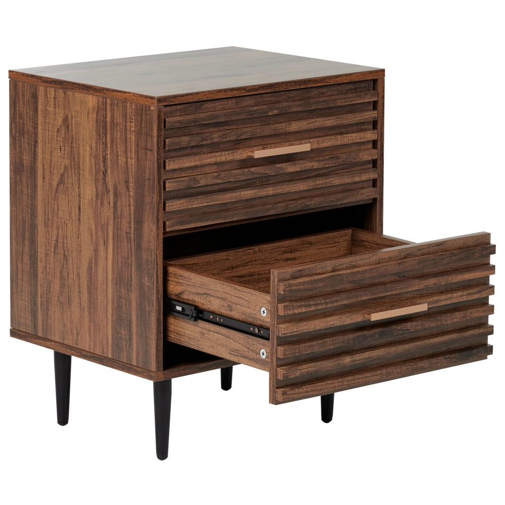 Comodino MDF legno scuro 2 cassetti Tavolino gambe in ferro moderno