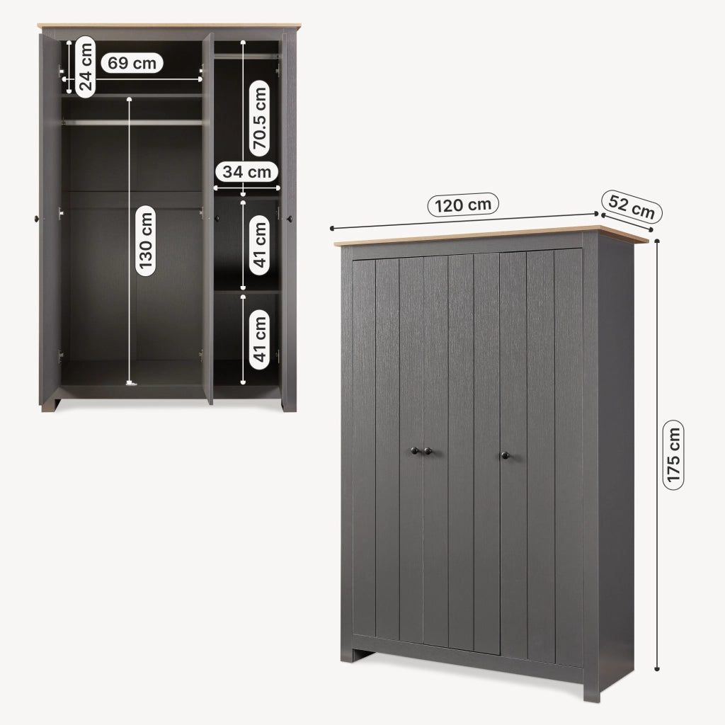 Armadio Guardaroba Vasand a 3 Ante con Barre Appenditi e Ripiani 175x120x52 cm Grigio / Effetto Rovere [en.casa]