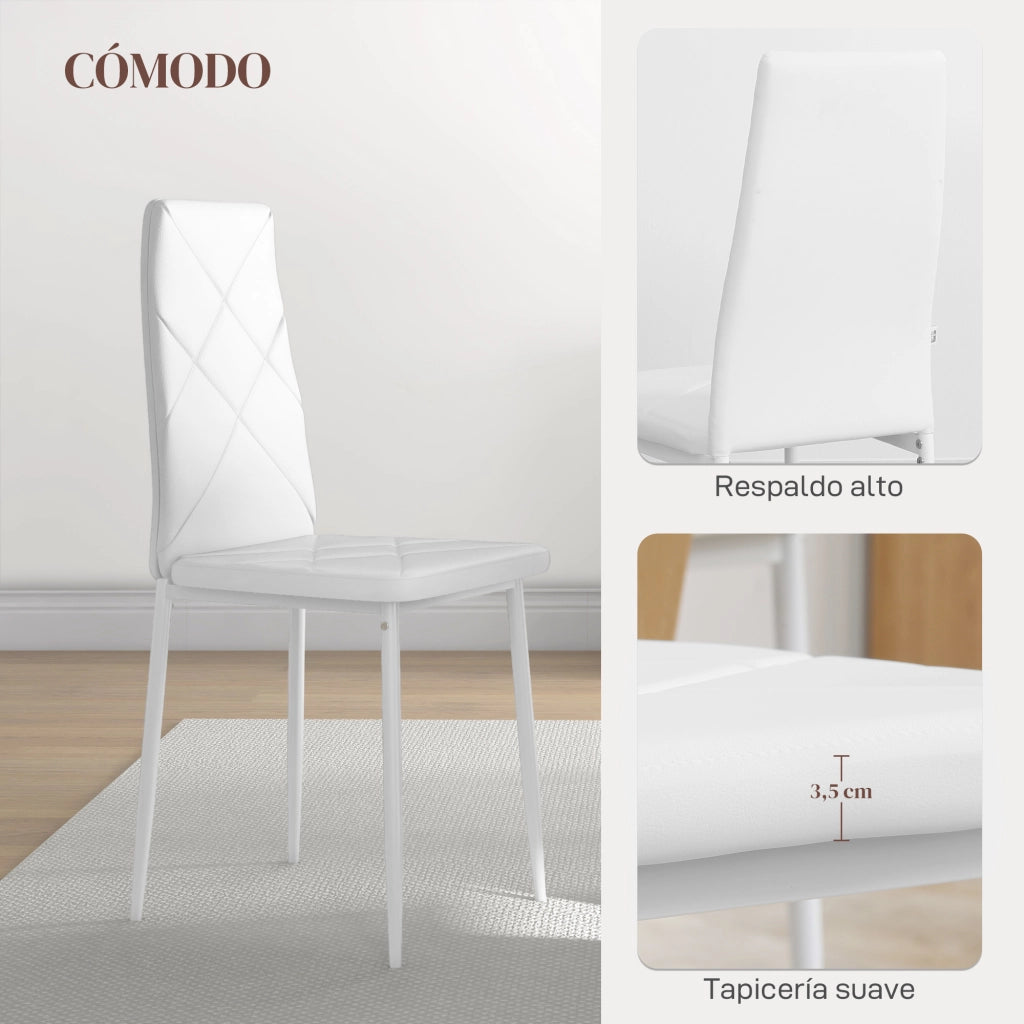 Set di 6 Sedie da Pranzo Imbottite in Ecopelle con Schienale Alto e Gambe in Metallo 41x50x97 cm ¨C Minimal ¨C Bianco