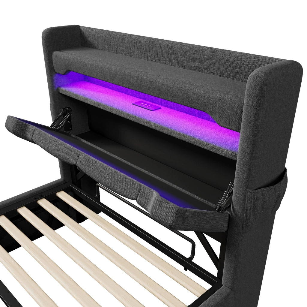 Letto singolo 90x200 cm in lino grigio con materasso; testiera con USB e LED