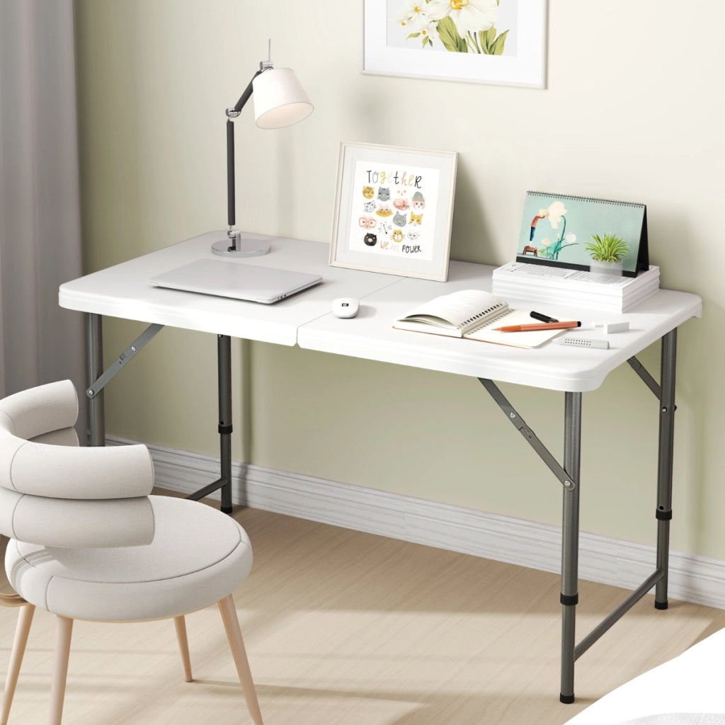 Tavolo pieghevole da campeggio portatile da 122 cm, Tavolo regolabile con piano in HDPE e gambe in metallo Bianco