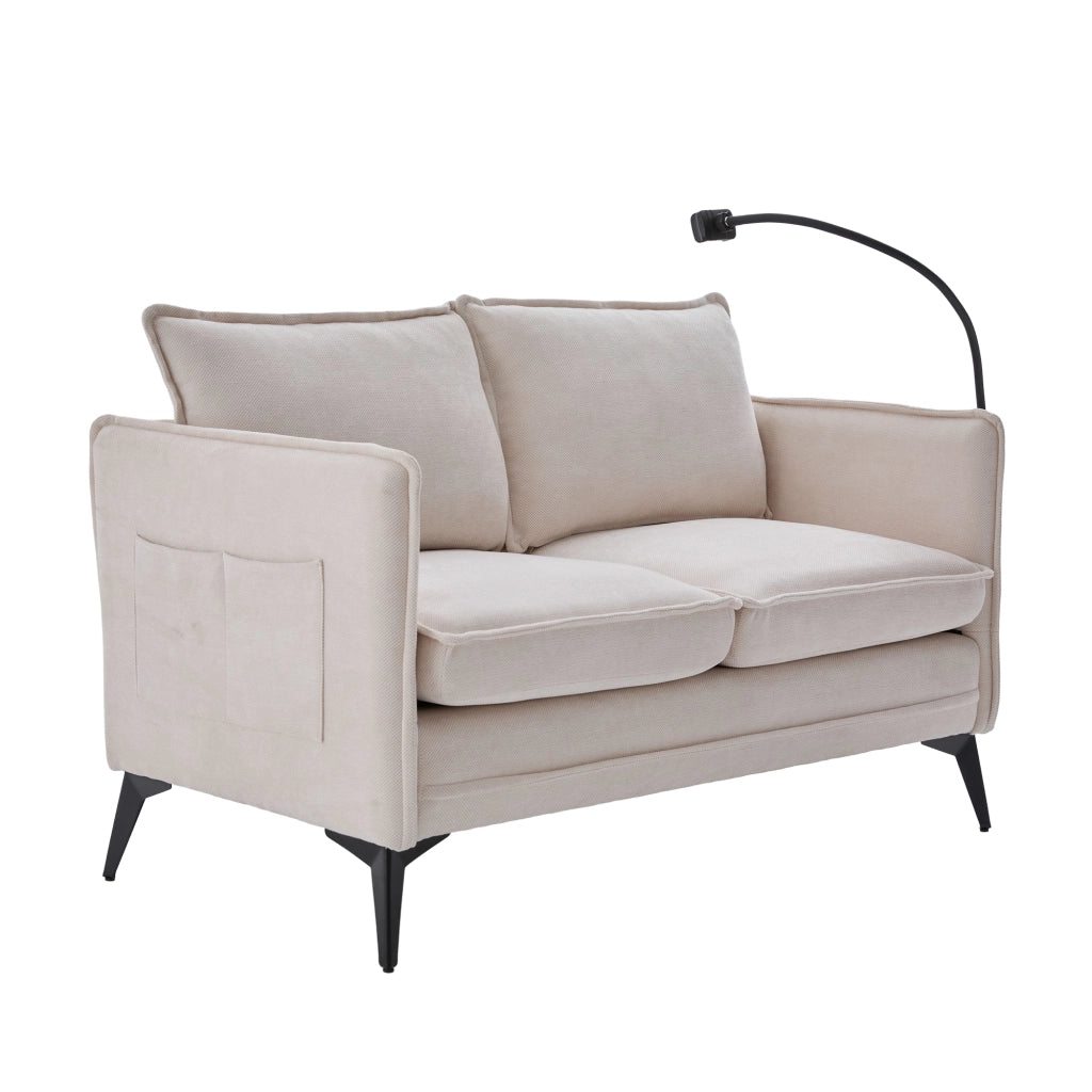 OKWISH Divano Lineare 2 Posti con Supporto Regolabile per Telefono e Tasche Laterali, Ciniglia Beige, 127 × 69 × 66 cm