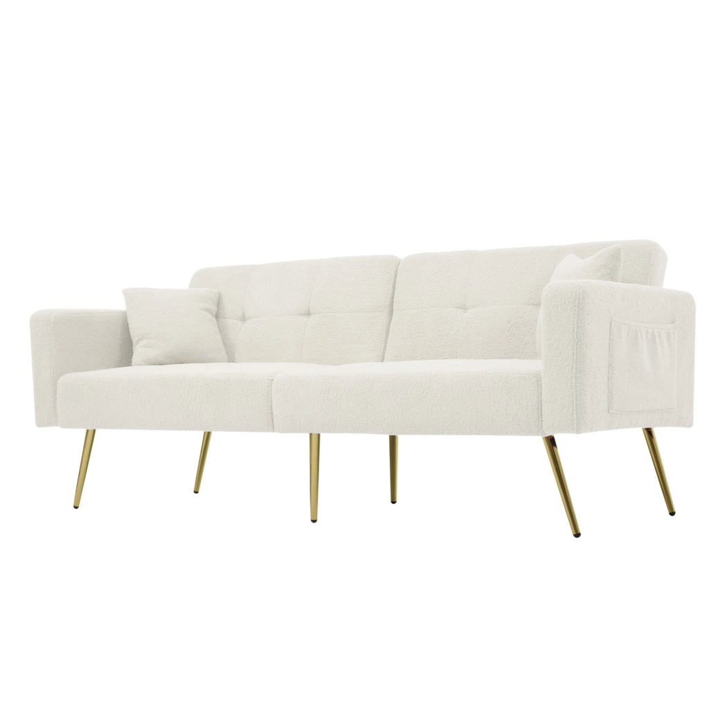 Divano letto regolabile in tessuto Sherpa bianco con tasche laterali e gambe dorate