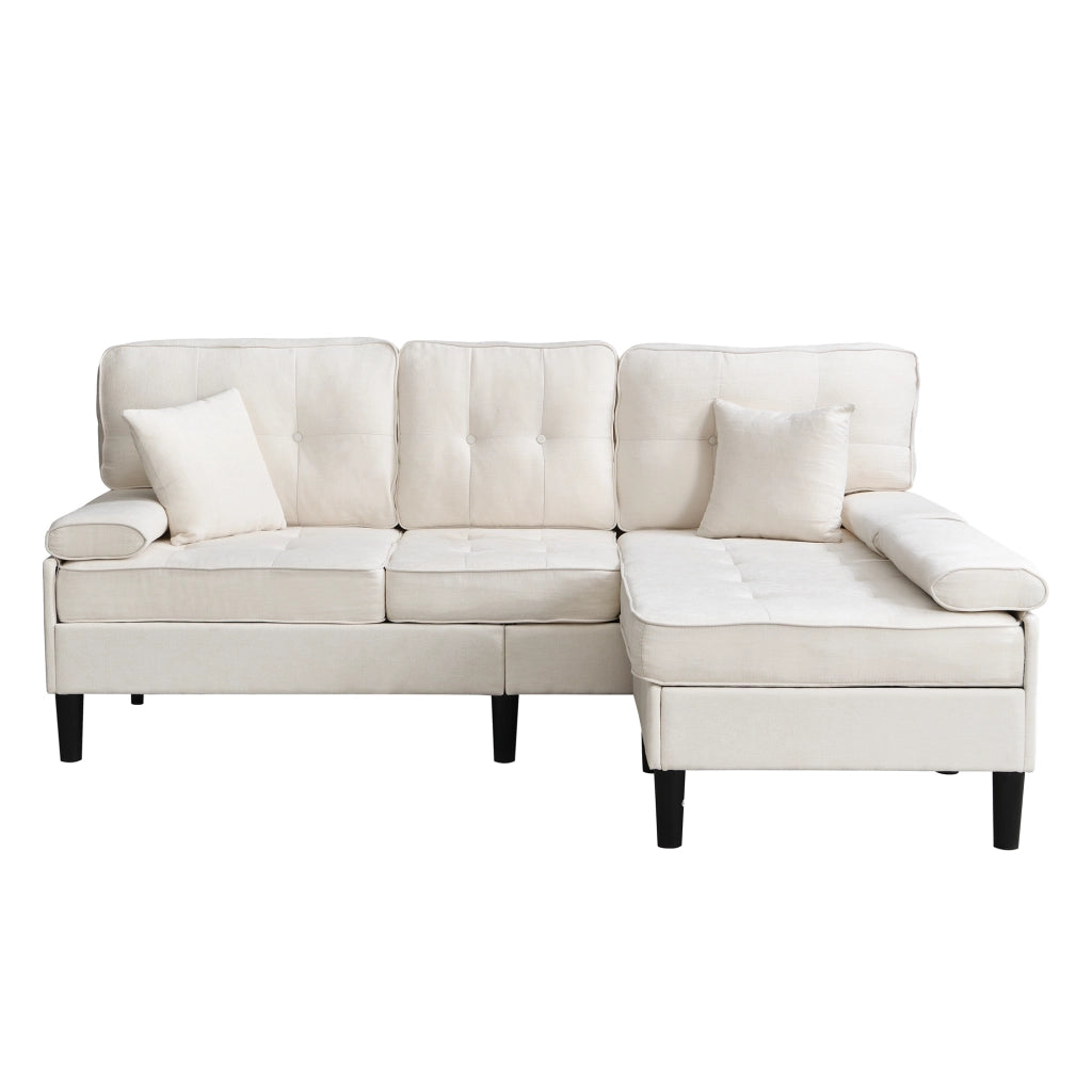 Divano angolare modulare in ciniglia con chaise longue, pouf mobile e cuscini, per piccoli appartamenti, beige chiaro