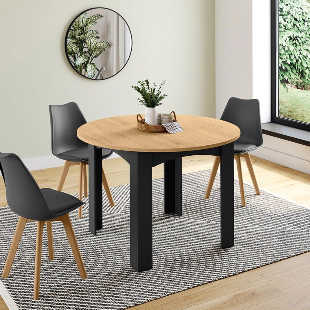 DONA Tavolo da pranzo rotondo allungabile per 4-10 persone, nero, piano effetto faggio 110-200 cm