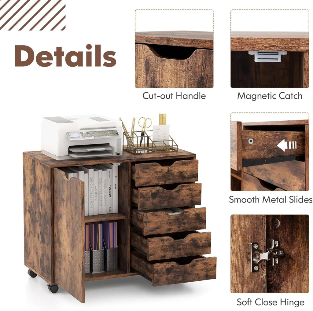 Cassettiera Ufficio con 5 Cassetti, Schedario Portadocumenti con Ruote Universali e Ripaini Regolabili, Mobile Porta Stampante in Legno per Studio, Camera da Letto, 79x39x65 cm (Marrone)
