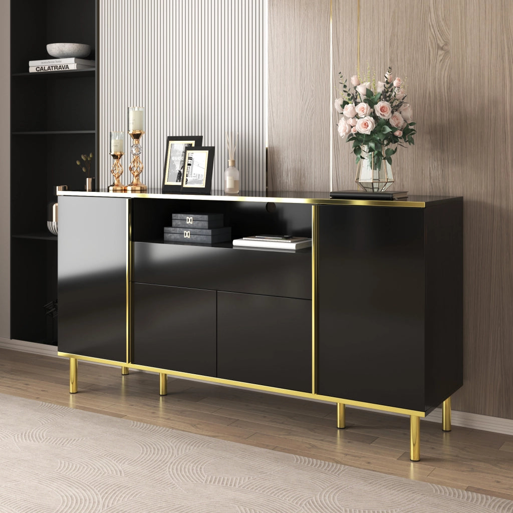 Credenza con 4 Ante; 1 Cassetto e LED; Nero Lucido con Dettagli Dorati; in MDF; 150??40??80 cm