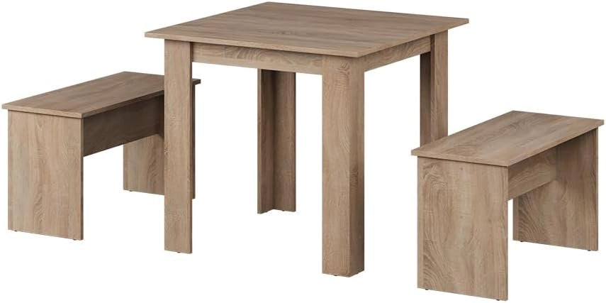 Set da pranzo Sentio, Quercia dorata/bianco, 80 x 80 cm con 2 panche, salvaspazio per zona pranzo e angolo colazione