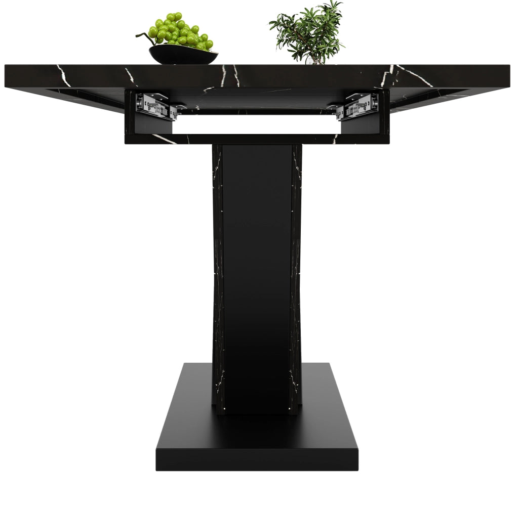 Tavolo da pranzo allungabile 120x75x75.5 cm; design telescopico con piano marmorizzato; MDF e metallo nero