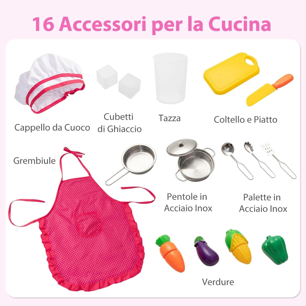 Cucina Giocattolo per Bambini, Cucina Legno per Bambini con Macchina del Ghiaccio, Telefono, Lavatrice, Microonde, Altezza Regolabile, Funzione Luci e Suoni, per Bambini 3+ Anni
