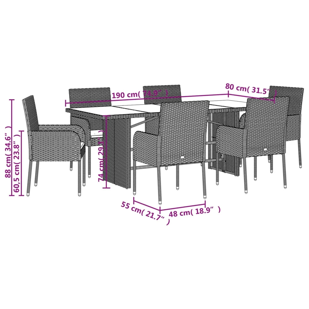 Set da Pranzo da Giardino 7 pz con Cuscini in Polyrattan Grigio 3213508